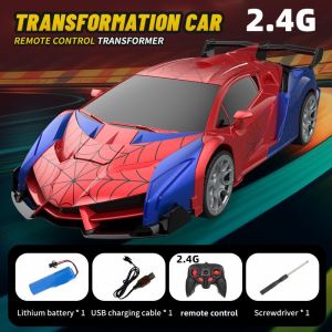 2.4G Spiderman Car Remote Control RC Car One Click Deformation Robot Childrens Toy Car Electric Remote Control Car