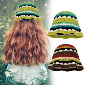 Topi Bucket ถักสำหรับผู้หญิงระบายอากาศได้หลายสีทอหมวกทรงถังปีกกว้าง Topi Bucket ผู้ใหญ่วัยรุ่นหมวกชาวประมงฤดูร้อน
