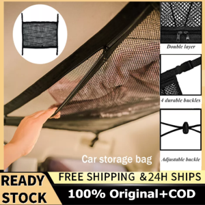 2 Size Car Ceiling Cargo Net Pocket - Interior Overhead Roof Top Bag Hanging Sundries Storage Organizer Car Net Storage With Drawstring For SUV Jeep Van Double Mesh (Black)