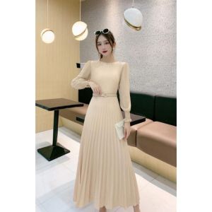 LEONNA Ais-Yah Dress Katun Panjang Wanita Muslimah Plisket Polos Korean Style