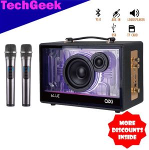 TG QIXI SK-2060 Bluetooth V5.0 Shocking Bass Sound Transparent Design Karaoke RGB Speaker with 2 Wireless Microphone