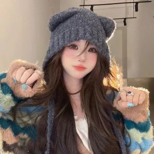 Women Cute Bear Ear Protection Hat Girl Earmuffs Cap Winter Thick Plush Warm Hat Solid Lamb Fleece Beanies Bonnet