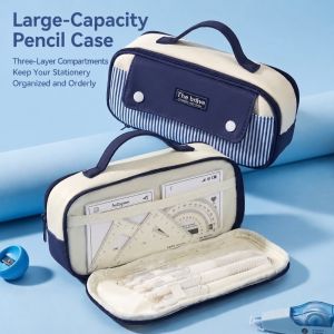 A5TG 1Pc Striped Print Pencil Case Large Capacity Handheld Pencil Pouch Portable Color-Blocking Stationery Storage Bag Boys