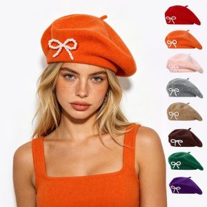YOURUN Solid Color Bow Beret Pearl Knitted Wool Beret Artist Hat Korean Style Beanie Cap Women