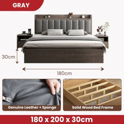 GOLD Solid Wood Bed Frame Queen/King Size Katil Kayu Minimalist Muji Style Bed with Cushion Headboard 實木床