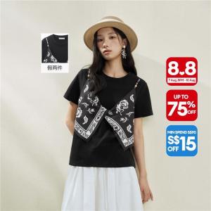 Giordano Women Fake two-piece knotted print round neck short-sleeve T-shirt - High Quality Free Shipping 18326703