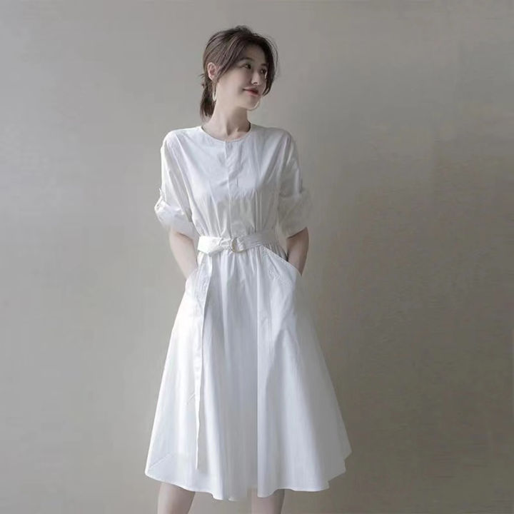 Dress midi casual slim ala korea terbaru/Rok Kemeja Tingkat Lanjut/dress  putih