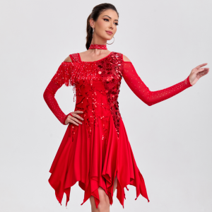 Latin Dance Dress Performance Dress Ball Professional Competition Dress Dance Dress Glitter Long Sleeve Tassel Dress
