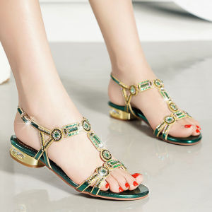 Women Comfortable Non-slip Flat Platform Shoes Rhinestone Sandals T-strap Square Low-heeled Sandals Party Shoes