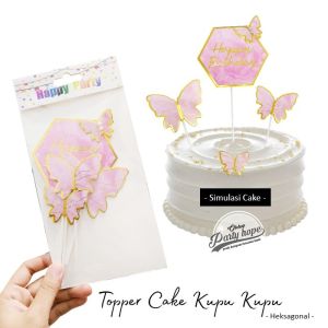 Topper Cake HBD Kupu Kupu Heksagonal / Hiasan Kue Topper HBD kupu kupu / Topper Kue Butterfly warna