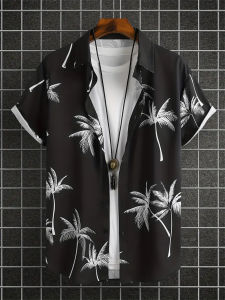 Mens Hawaiian Shirt Tropical Leaf Pattern Casual Printed Shirt Pink High-Quality Beach Party Top Harajuku Vintage Mens Clothes