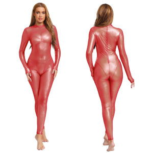 ZEEMIN Women Metallic Shiny Full Body Unitards Rave Party Nightclub Sheer Jumpsuit Long Sleeve Long Pants Back Zipper Catsuit Clubwear