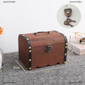 [COD] quanchufjia กล่องเก็บของมีค่าสไตล์วินเทจ1ชุดหีบสมบัติไม้พร้อมล็อคกระปุกออมสินกล่องเคสสำหรับตกแต่งบ้าน