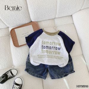 Set bộ tay ngắn raplang phối màu họa tiết Tomorrow và quần short jean bé trai 1đến7t BERNIE H0725B19