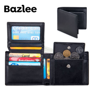 Bazlee Mens Genuine Leather Wallet with Coin Pocket Flip Up ID Window RFID Blocking Slim Bifold Credit Card Holder Front Pocket Wallet for Men