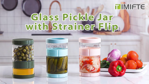 Glass Pickles Jar With Strainer Leakproof Silicones Base Wide Opening For Kimchi Fermentation Easy to Clean
