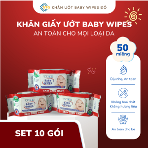 10 gói Khăn ướt Baby Wipes 80g ĐỎ Quy Trình Sản Xuất Tự Động Vải trơn khổ vải 11x16cm Có hương thơm nhẹ