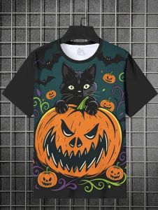 Mens Summer T-Shirt 3D-Printed O-Neck Short-Sleeve T-Shirt Pumpkin Halloween Horror Theme Horror Dark Style Party Men Clothes