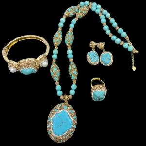 Natural Freshwater Pearl Blue Turquoise Turkish Jewelry Women Gemstone Crystal Necklace Ring Earring Set Party Dress Acces H260610