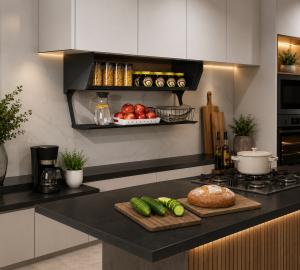 kitchen organizer space saver • pull down rack organizer • condiment storage shelf • cabinet mounted storage rack • kitchen storage accessories • kitchen wall mounted rack • kitchen shelf organizer black • modern kitchen accessories • heav