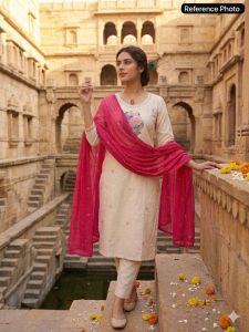 [PRE ORDER : 10 DAYS] Premium Khadi Cotton Embroidered Salwar Kameez Suit Set with Mul Cotton Dupatta Cream  Size M (38) to XXL (44)