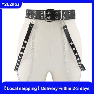 【Local shipping】 Punk Gothic Faux Leather Belt Women Adjustable Metal Chain Ring Waist Belt