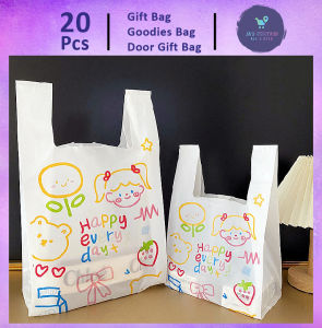 Gift Bag 20pcs Goodies Bag Door Gift Birthday Wedding Party (79) Creative Doodle Milk White Background Snack Door Gift Plastic Beg Vest Bag 礼物袋礼品袋购物袋