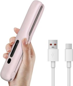 Gosect Cordless Hair Straightener Travel Flat Iron Rechargable for Women PortableHair Straightener and Curler 2-in-1 Fast Heating Adjustable Temp for CarTravel On-the-Go Styling(Pink)