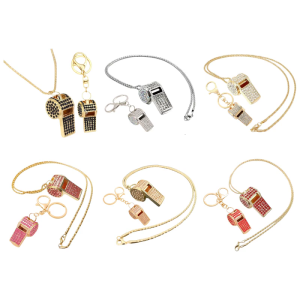 2-Piece Rhinestoned Whistle Keychain and Necklace Set with Zinc Alloy Construction 6 Stylish Color Option for Daily Use