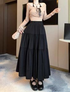 Summer high-waisted skirt mid-length Japanese style pleated patchwork fairy cake skirt A-line skirt