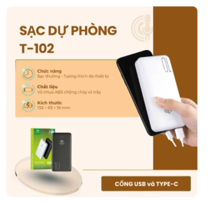 Sạc dự phòng 10000mah Tahada T-102 Li-polymer 10w sạc 2 thiết bị cùng lúc an toàn và tiện dụng
