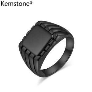 Kemstone Stainless Steel Seal Square Glossy Black Silver Gold Plated Mens Ring Jewelry Gift