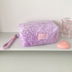 Plush Leopard Pencil Case Student Stationery Bag Large Capacity Portable Makeup Bag Storage Pouch
