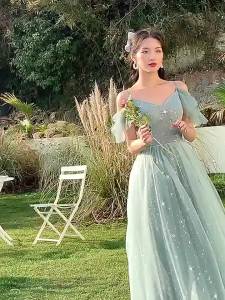 Green Forest Style Bridesmaid Gowns for Summer Wedding Elegant Long Bridesmaid Dresses 2022 New Arrivals Tulle Prom Dresses㏇X0407