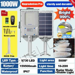 solar street light outdoor waterproof IP67 solar light 5000W street lamp 9730LED heavy duty 3000W 2000W with remote control 800000mah stable light and intellisense suitable for yard fence garden terrace front door shed deck