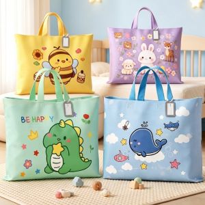PERPE 1Pc Handheld Kindergarten Quilt Storage Bag with Name Tag Large Capacity Clothing Organizer Cartoon Print Moving Storage Tote Moving Storage