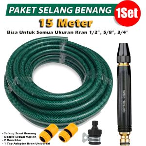 TITIK TIGA  Paketan Universal 15 Meter Selang Semprotan Air Semprot Cuci Motor Mobil Siram Taman Benang Hijau Komplit Tinggal Pasang Cocok Untuk Semua Kran Selang Air Serat Benang