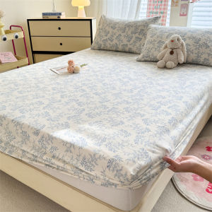 【discount store】1pc Floral Fitted Bed Sheet Flower Printed Washed Cotton Bed Sheet with Elastic Single/Queen/King Size Bed Fitted Sheets