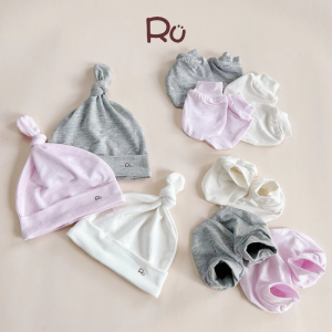 Mũ bao tay bao chân cho bé sơ sinh Ru baby vải cotton lụa