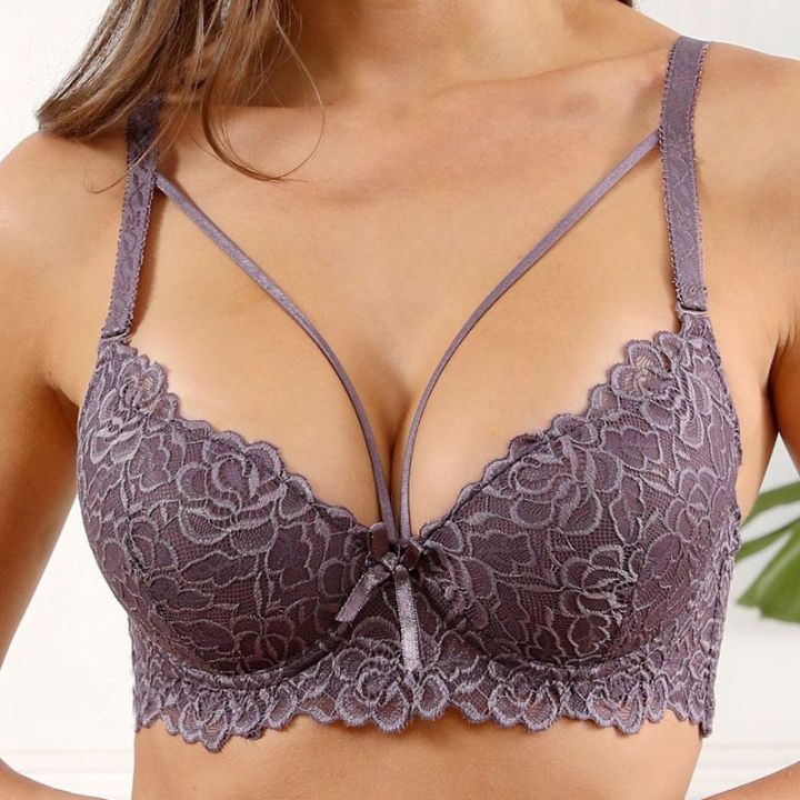 XIUSHIREN Lace Bra Women Cross straps Solid Color wired bras push up padded  with foam lingerie 36C 38C 40C 42 C Cup