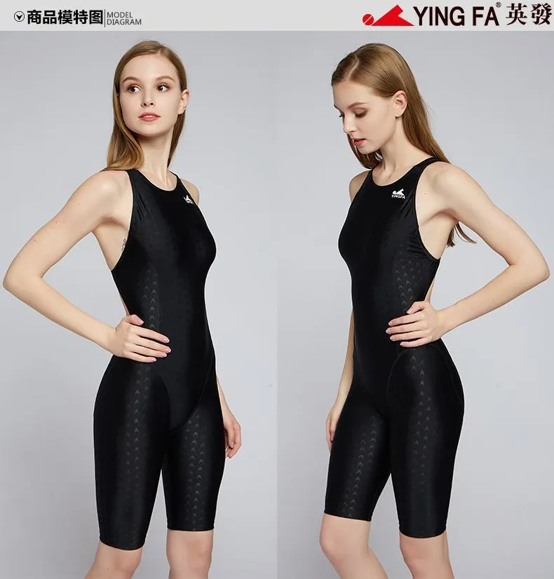 FINA Approved Competition Swimwear Girls YINGFA Training Sporty Swimsuit  Sharkskin Swimwear Women Knee Length Breathable Fabric Racing Suit