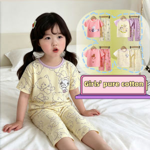 AILEBE 【Local Stock】 Kids Pajamas Set Pure Cotton T-shirt Pants Two Piece Home Pajamas Girls Fashion Printed Cartoon Pattern