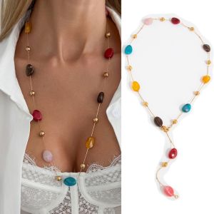 LUMIYA Gradient Hue Resin Bead Necklace Round Bead Multi Color Long Chain Necklace Layer Design Round Bead Necklace For Beach Vacation