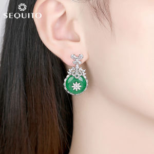 SEQUITO Bông Tai Hình Tròn Độc Đáo Đá Ngọc Lục Bảo Màu Xanh Lá CZ Sang Trọng Cho Nữ Trang SỨC TIỆC CƯỚI SE255