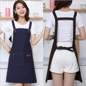 Jay-c ผ้ากันเปื้อนครัวผ้ากันเปื้อนสไตล์เกาหลีในครัว H-Type สายเอี๊ยมยีนส์ดีไซน์ทุกเพศมีกระเป๋าด้านหน้า Apchef เชฟ Appron สีดำ Epren E
