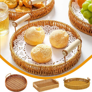 Woven Picnic Baskets Double Ear Wooden Handle Bread Tray Basket Party Food Rattan Storage Basket
