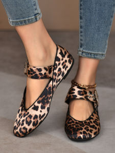 Super Soft Soles Leopard Print Mary Jane Single Shoes Womens Ballet Style Flat Slotted Buttons Scoop Shoes Beanie Shoes
