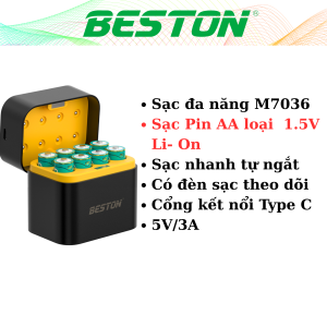 Hộp sạc pin AA BESTON 1.5V sạc nhanh 8 slot mẫu mới M7036 USB-C dùng cho micro karaoke máy ảnh khóa cửa từ