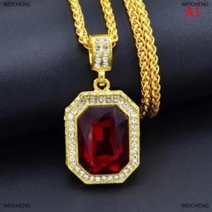 [COD] WEICHENG Inlaid Square Ruby Necklace Hip Hop Mens Pendant Red Stone Pendant Vintage Jewelry Costume Accessories