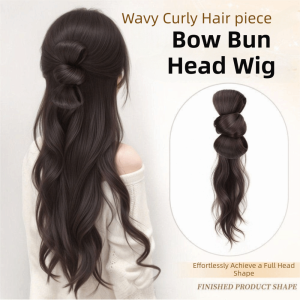JON09 Synthetic Bow Bun Head Wig Fluffy Claw Clip Wavy Curly Ponytail Extensions Vintage Sweet Pony Tail Hair piece for Women